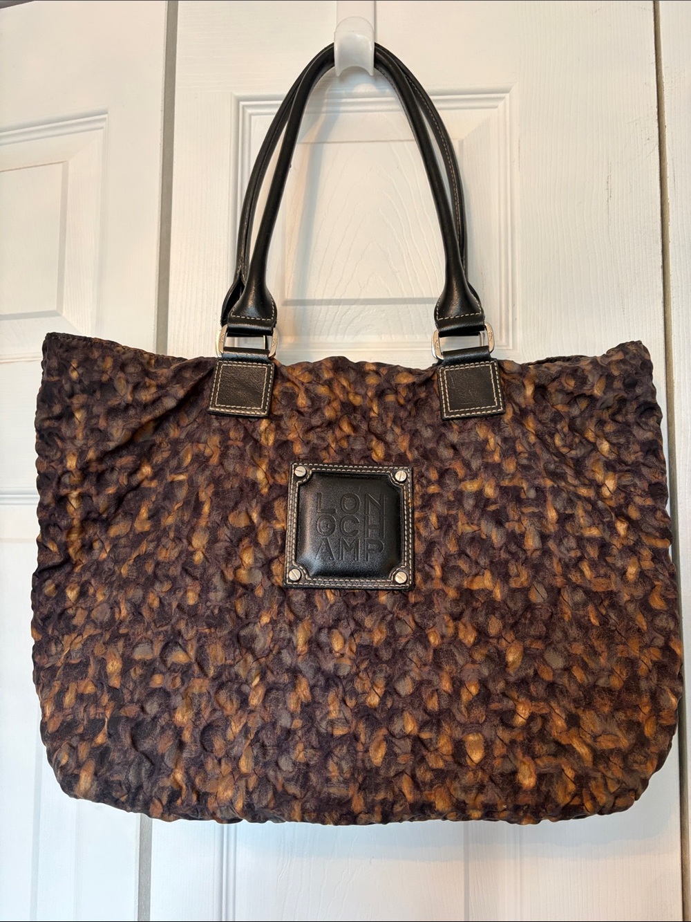 Authentic Longchamp Brown and Black Woven Tote with Leather Trim